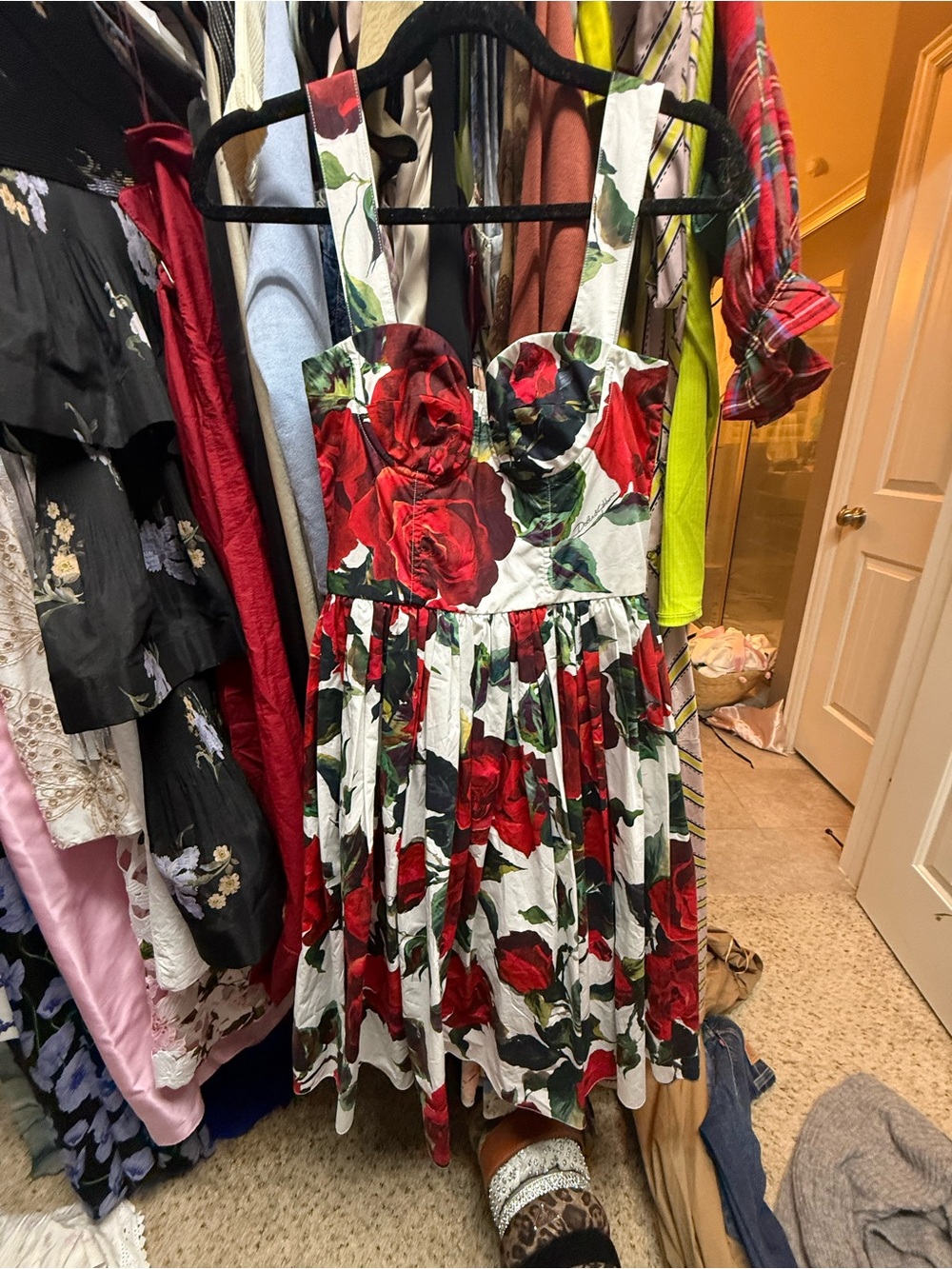 Dolce & Gabbana White Dress with Red Rose Print